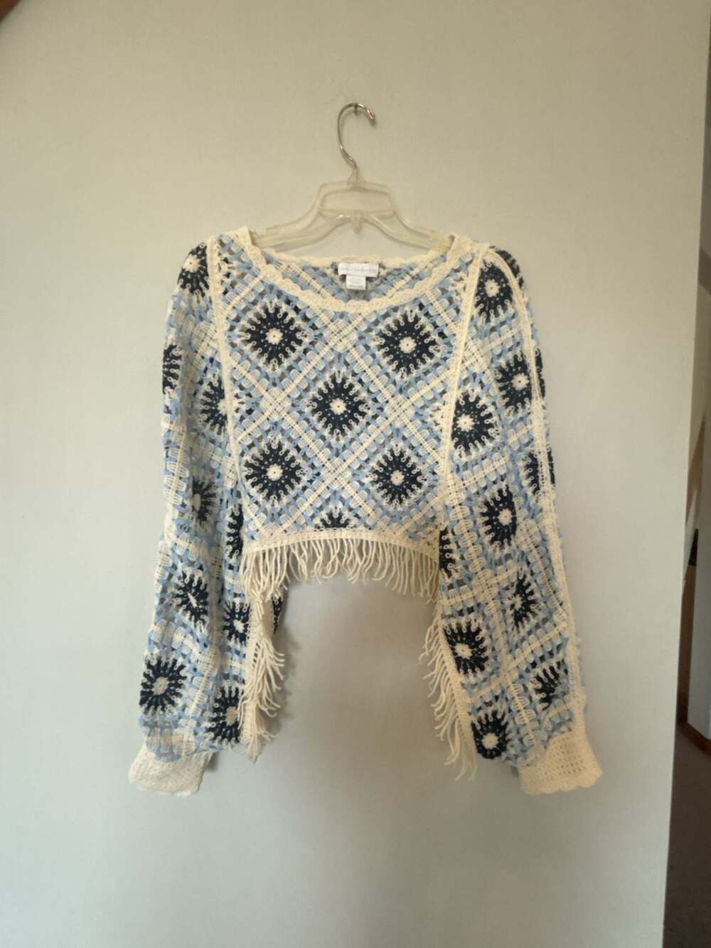 House of Harlow 1960 Blue and White Crochet Shrug Crop Top with Fringe